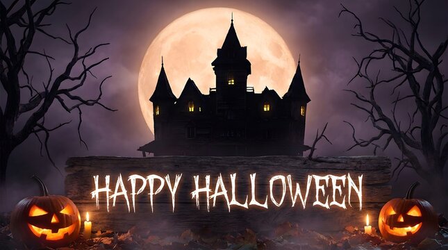 Happy halloween greeting with haunted house silhouette, full moon, and glowing jackolanterns on wooden sign