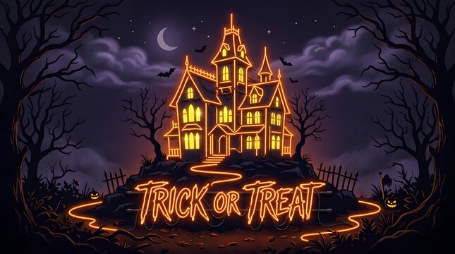 Trick or treat neon sign design with haunted house silhouette, crescent moon, and spooky forest background
