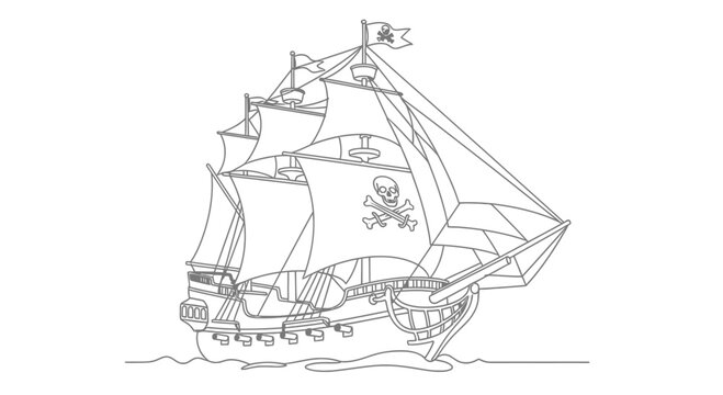 Pirate Ship Outline Illustration with Jolly Roger Flag Sailing on Ocean Waves