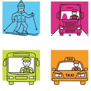 Diverse set of transportation and recreational icons representing skiing, trucking, bus travel, and taxi services