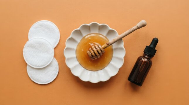 Honey in a small bowl with a wooden dipper, a dropper bottle, and cotton pads