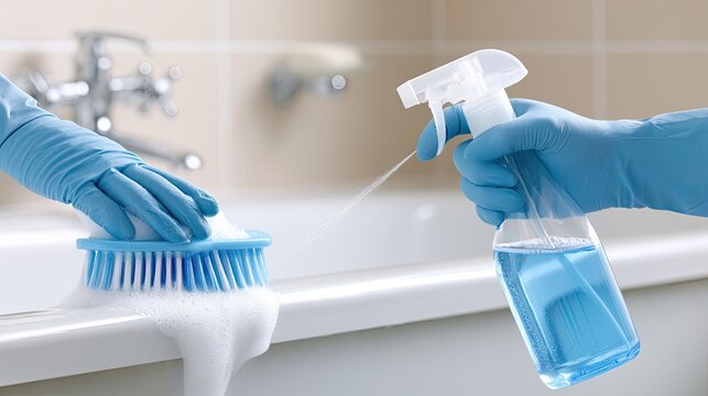 Blue gloved hands cleaning bathtub with spray and brush