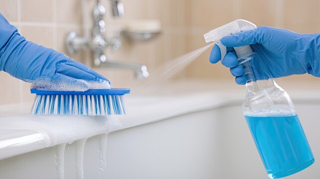 Hands in gloves clean a bathtub with a spray bottle and brush