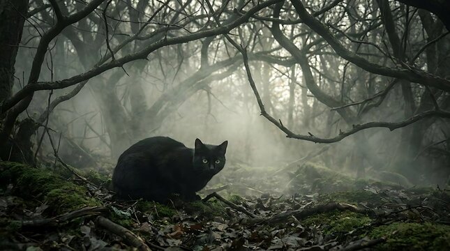 Black cat sitting in a misty dark forest with gnarled branches overhead