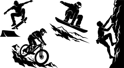 Extreme Sports and Outdoor Adventure Silhouette Vector Icon Set Featuring Skateboarding Snowboarding Rock Climbing and Mountain Biking Actions © Mdsumon