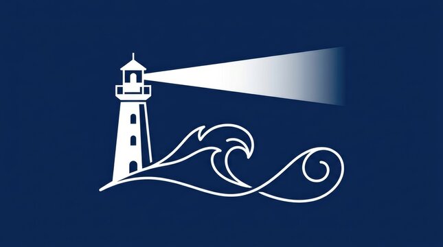 Minimalist white lighthouse icon with ocean waves glowing brightly against a dark navy blue background field