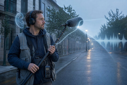 Location sound recordist monitoring boom microphone