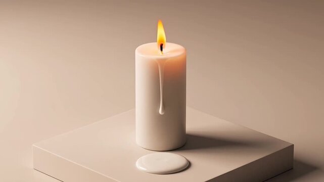 Minimalist White Candle Burning on a Textured Beige Platform.