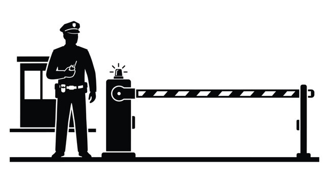 security guard at barrier gate silhouette checkpoint officer uniform black white background