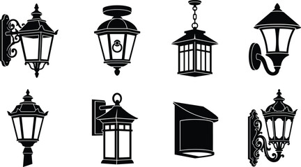 Collection of vintage outdoor wall lamp silhouettes and hanging lanterns for architectural and home decor design © MDARIFUL