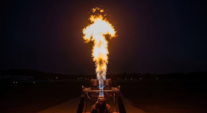 Hot Air Balloon Burner Ignites Fiery Flame in Night Sky