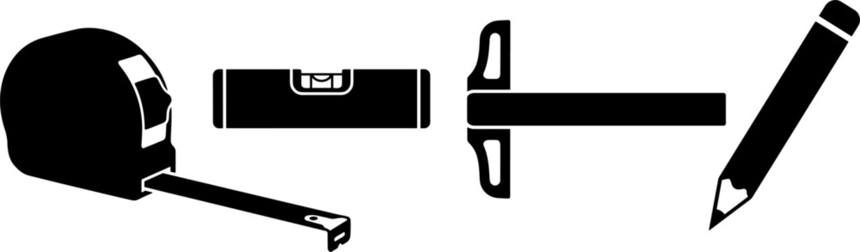 Carpentry and Construction Measurement Icon Set Featuring Tape Measure Spirit Level T Square Ruler and Pencil Symbols for Handyman Website Designs