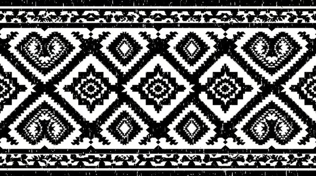 Native American Tribal Geometric Seamless Pattern Background with Grunge Texture in Black and White