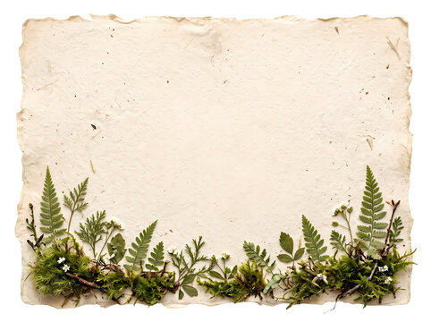 Handmade textured paper sheet decorated with natural green moss and dried fern leaves frame