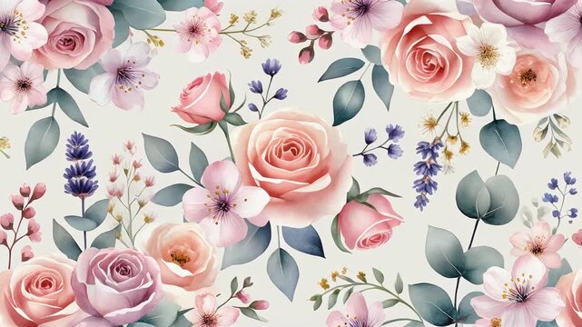 Watercolor blooming roses and lavender seamless floral background