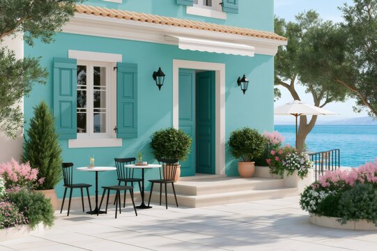 Mediterranean turquoise villa with patio overlooking ocean view