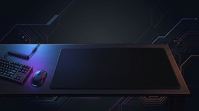 Dark gaming desk setup with neon lighting and technology theme