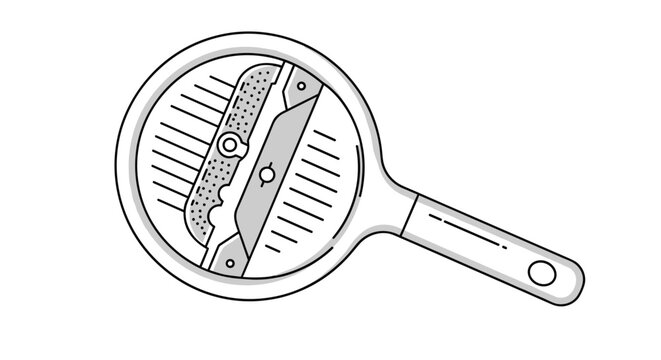artistic representation of a kitchen mandoline slicer tool highlighted within a circular frame with clean lines and simple detail.