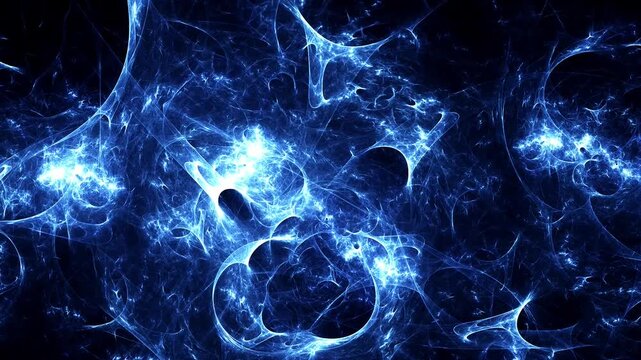 Abstract glowing blue fractal plasma web and futuristic electrical energy waves pulsating on a dark black background.