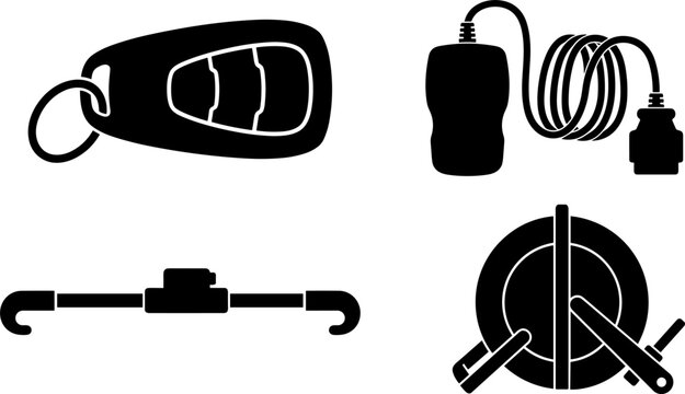 Automotive Security and Diagnostics Icon Set Featuring Car Key Fob OBD Scanner Steering Wheel Lock and Wheel Clamp Boot Symbols for Vehicle Protection Designs