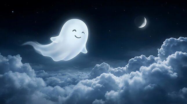 Friendly ghost floating in a starry night sky above clouds