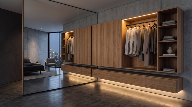 Dressing room features minimalist wooden cabinets with warm under-cabinet lighting and a full-length wall mirror in a modern apartment.