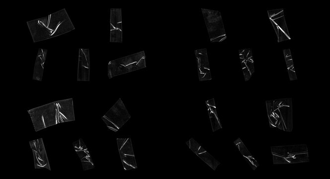 Transparent adhesive tape strips set, clear plastic scotch tape pieces with wrinkles and bubbles, 16 realistic sticky tape textures on black background