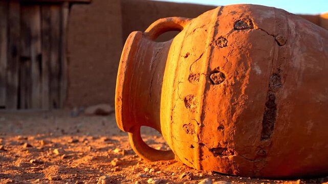 Ancient clay amphora on desert ground at sunset