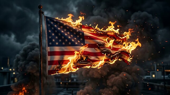 Burning national flag of the United States waving on a pole against a dark smoky background