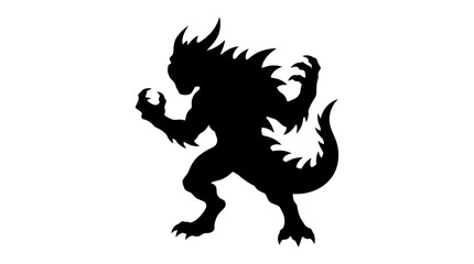 Fototapeta premium Dragon monster silhouette stands in a menacing pose with sharp claws and spiky features, conveying aggression and power.