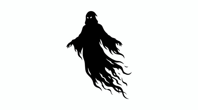 Halloween, Spooky ghost silhouette with glowing eyes, dark hooded phantom vector illustration, creepy grim reaper spirit isolated on white background Vector