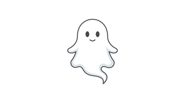 Cute cartoon ghost with a friendly smile and rosy cheeks floats against a plain white background, embodying a playful and non-threatening spirit.