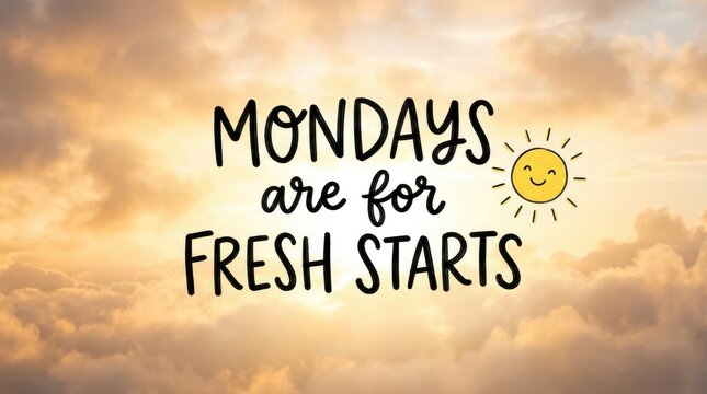 Mondays are for fresh starts typography design with cute yellow sun illustration over golden cloudy background