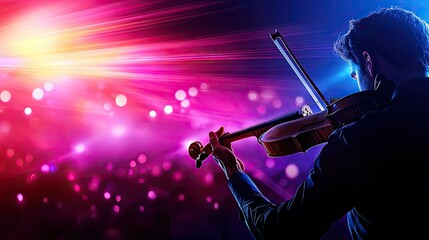 Fototapeta premium Violinist Performing On Stage With Vibrant Pink And Blue Lighting