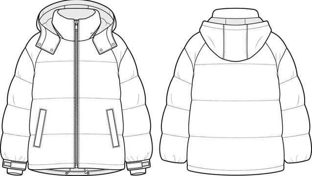 Puffer jacket technical sketch vector template showing hooded winter coat front and back view.