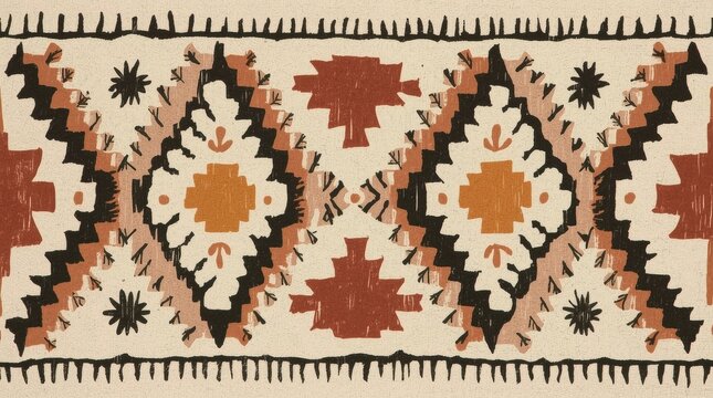 Southwestern Style Navajo Kilim Pattern Background with Hand Drawn Geometric Shapes in Earth Tones