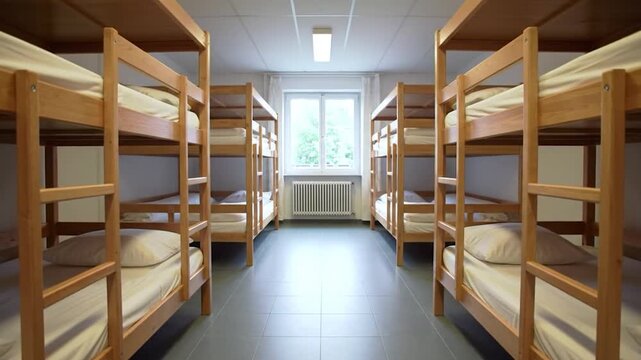 Empty hostel room with wooden bunk beds and natural light