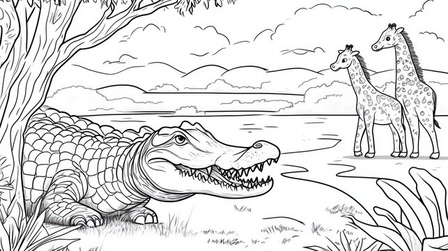 Detailed line art of an alligator near giraffes in a nature landscape