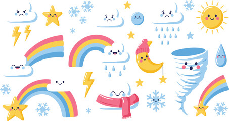 Fototapeta premium Cute Kawaii Weather Vector Icon Set Featuring Cartoon Sun Clouds Rainbows Tornado Lightning and Snowflakes for Children Educational Media and Nursery Designs