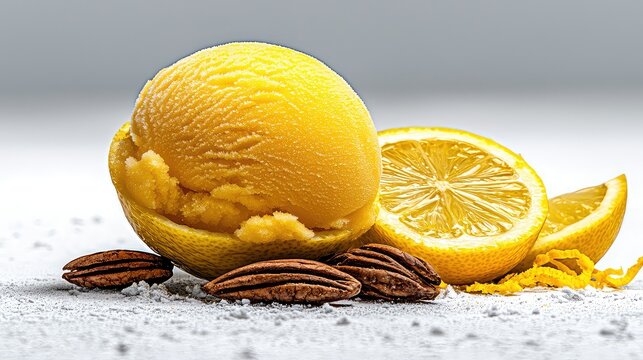 Lemon Sorbet Scoop With Pecans On A Light Gray Background