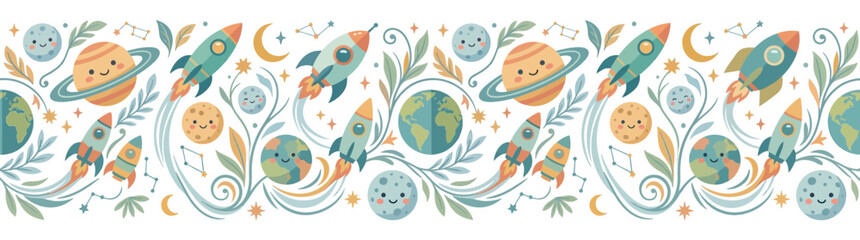 Cute Space Rocket and Planet Illustration Border © Andri