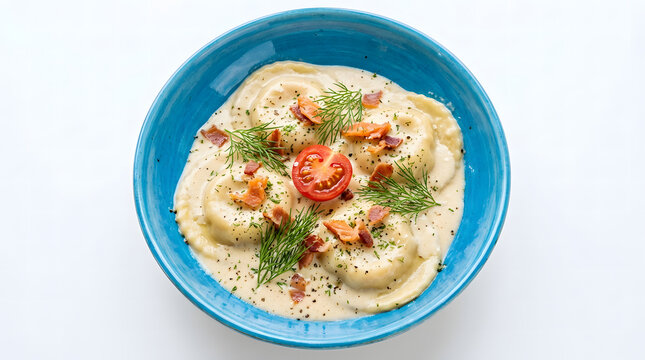 Salmon ravioli topped with crispy bacon, dill, and cherry tomato served in a creamy sauce.