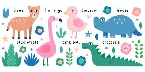 colorful animals and plants flat vector illustration deer flamingo dinosaur goose whale owl crocodile cartoon wildlife nature childish fun education learning children playroom © Bijoy