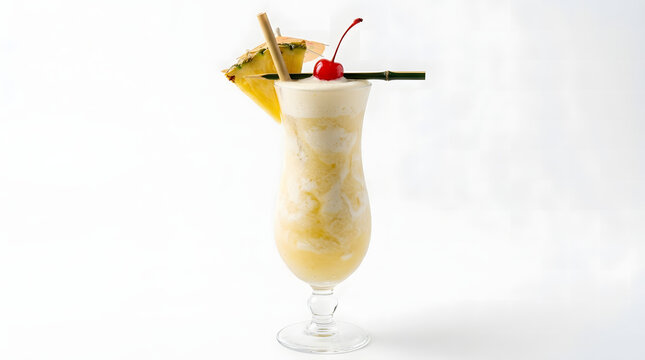 A creamy Pi&ntilde;a Colada cocktail garnished with pineapple, cherry, and umbrella on a plain white background.