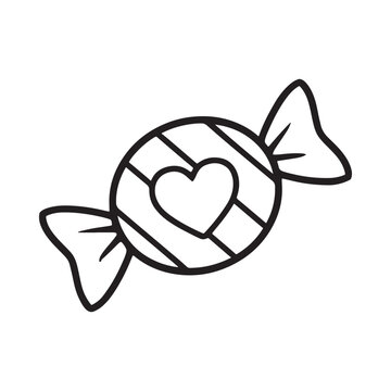 Wrapped candy with heart shape black and white line illustration