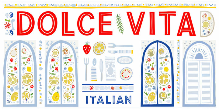 dolce vita italian lifestyle vector illustration windows lemons forks knives strawberry shutters arches food cutlery pattern culture design graphic art colorful bright festive