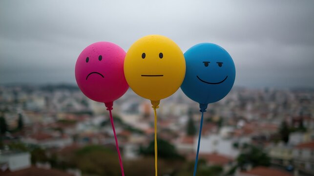 Three colorful balloons with different emotion faces sad neutral and happy standing against blurred city sky represent mood changes and mental health concept