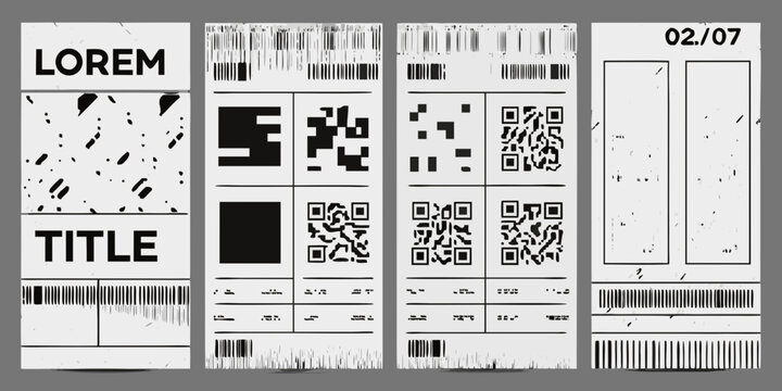 collection of six vertical monochrome posters featuring barcodes qr codes and text lorem title graphic design layout print template marketing retail information communication