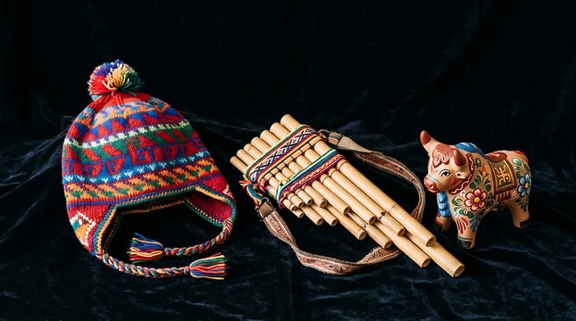 traditional Peruvian Andean cultural crafts, showing a colorful hand-woven alpaca chullo hat, a set of wooden pan flutes zampona, and a small painted ceramic pottery piece, realistic,textured textiles