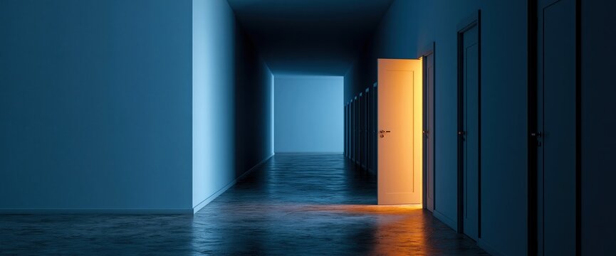 Long dark blue corridor with one open door that lets warm orange light spill out represents opportunity hope change and new beginning concept